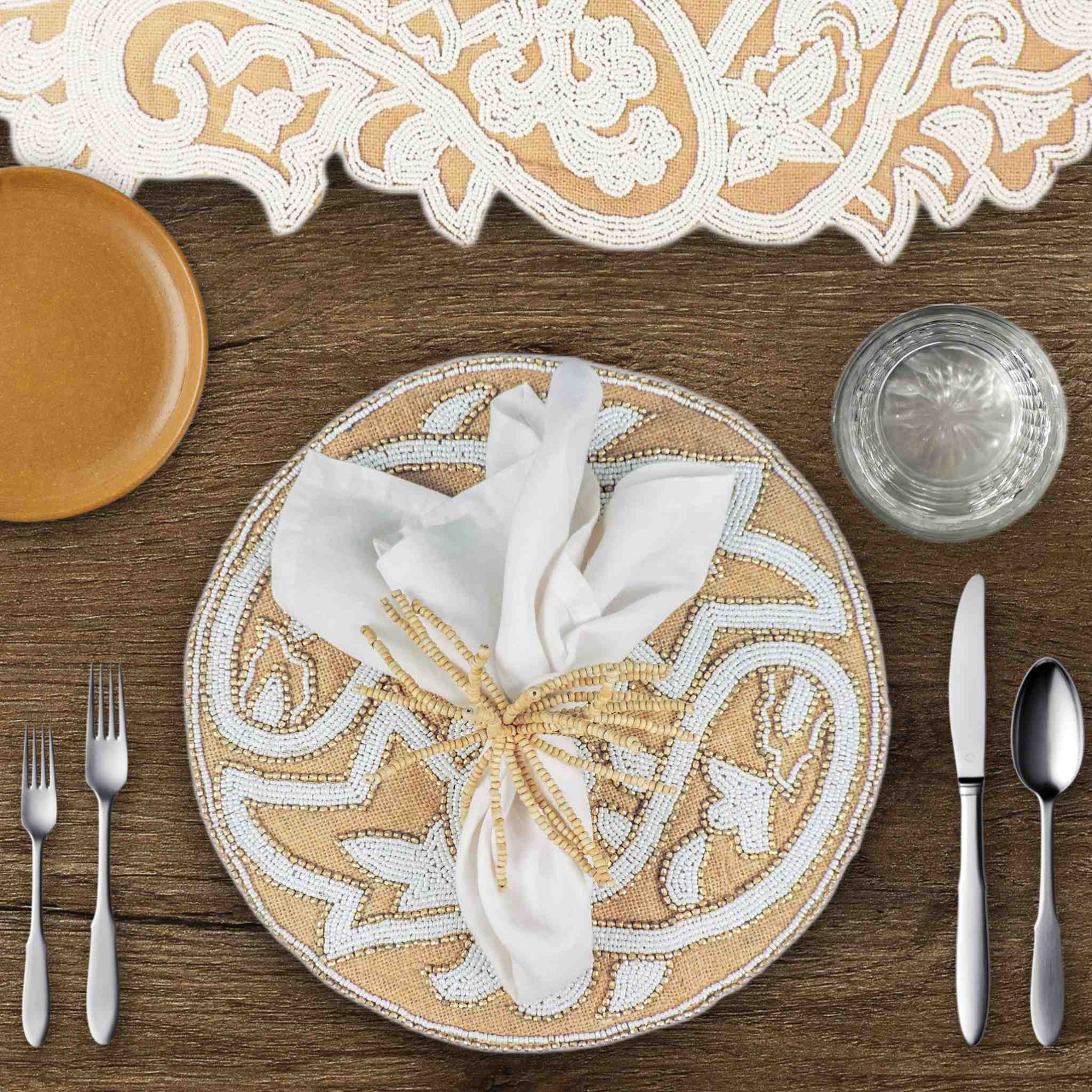II Pesce Glass Bead Table Setting for 4 - Embroidered Placemats, Napkin Rings & Table Runner in Natural White