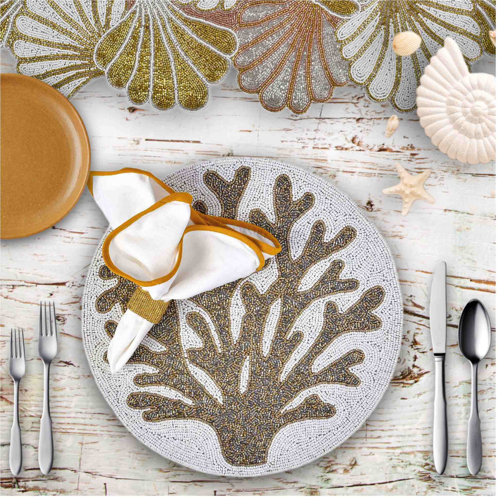 Sea La Vie Table Setting for 4 - Embroidered Placemats, Napkin Rings & Table Runner in Cream & Gold