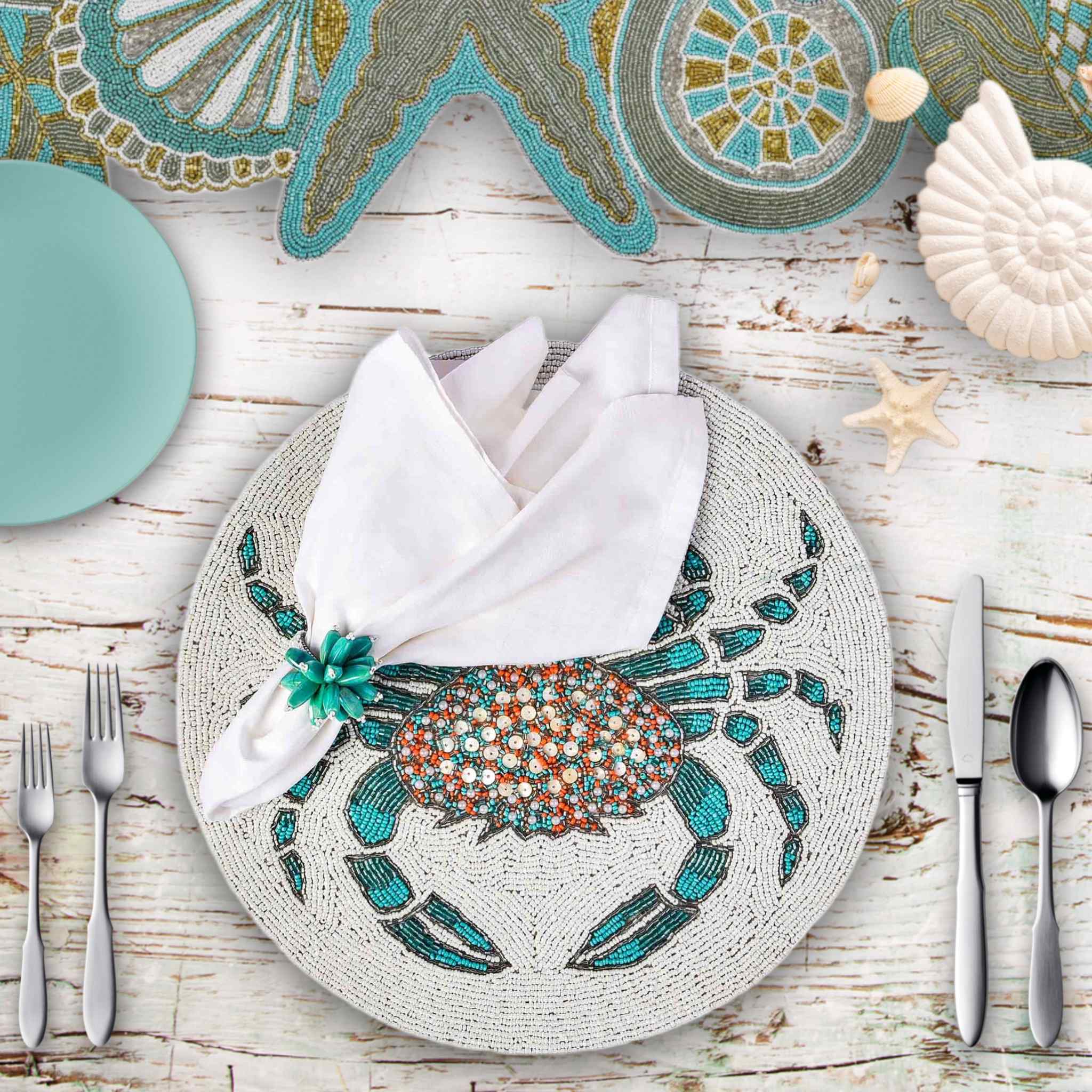 Stay Salty Table Setting for 4 - Embroidered Placemats, Napkin Rings & Table Runner in Cream & Teal