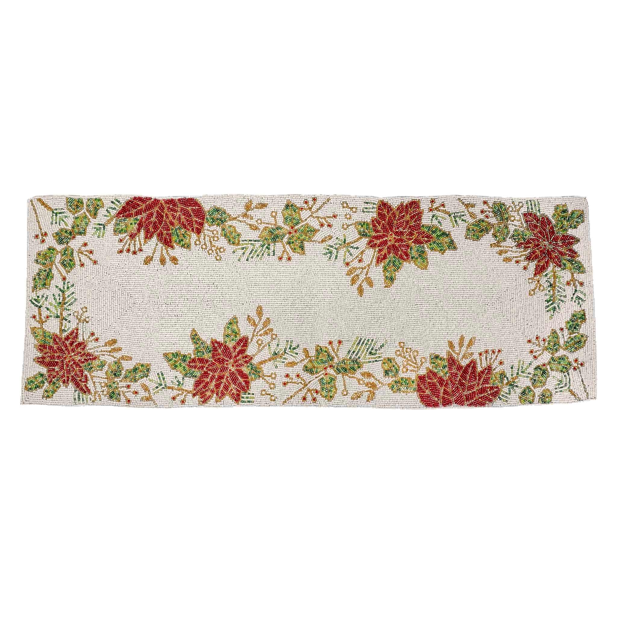 Tis' The Season Bead Embroidered Table Runner in Red, White & Green